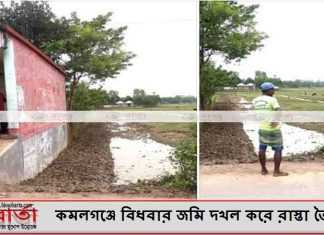 কমলগঞ্জে বিধবার জমি দখল করে রাস্তা তৈরি কমলগঞ্জে বিধবার জমি দখল করে রাস্তা তৈরি